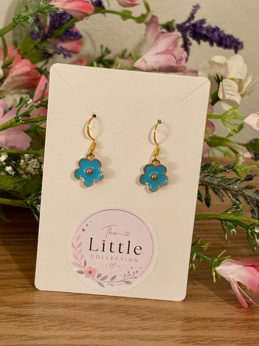 Blue Floral Dangle Earrings, Enamel Flower Charms, Handmade Jewellery