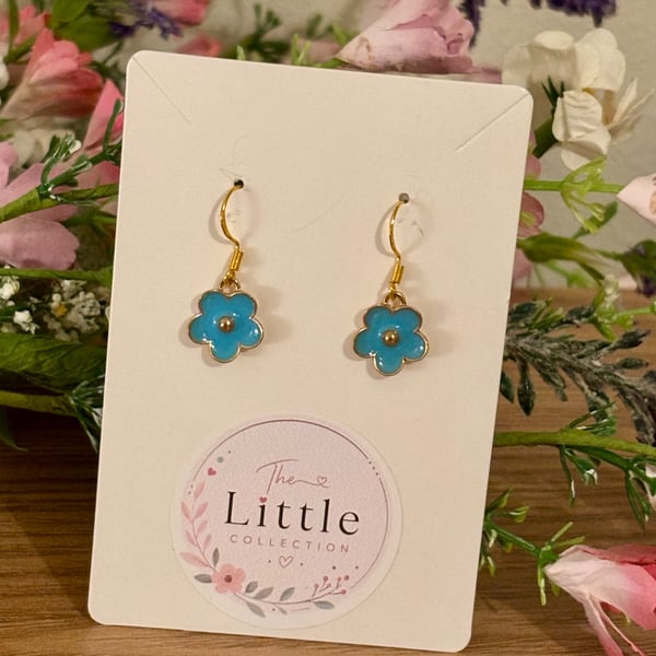 Blue Floral Dangle Earrings, Enamel Flower Charms, Handmade Jewellery