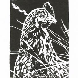 Hen in the long grass - Original Hand Pulled Linocut Print