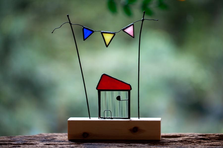 Stained glass house with bunting sun catcher ornament whimsical housewarming gif