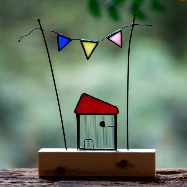 Stained glass house with bunting sun catcher ornament whimsical housewarming gif