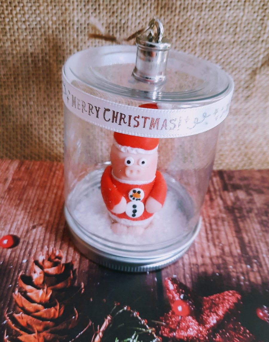 Polymer Clay Christmas Jumper Pig Hanging Bauble Jar