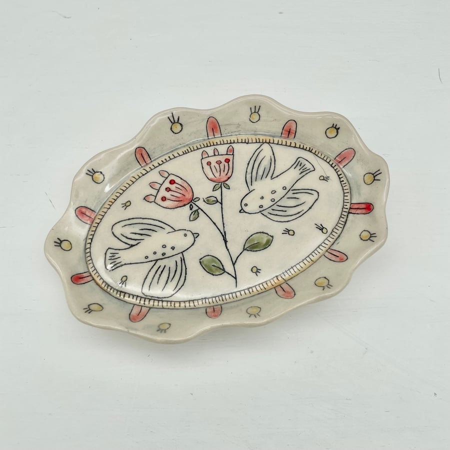 Pretty Oval Trinket Jewellery Dish Soap Dish Birds Flowers Handmade Pottery OV1