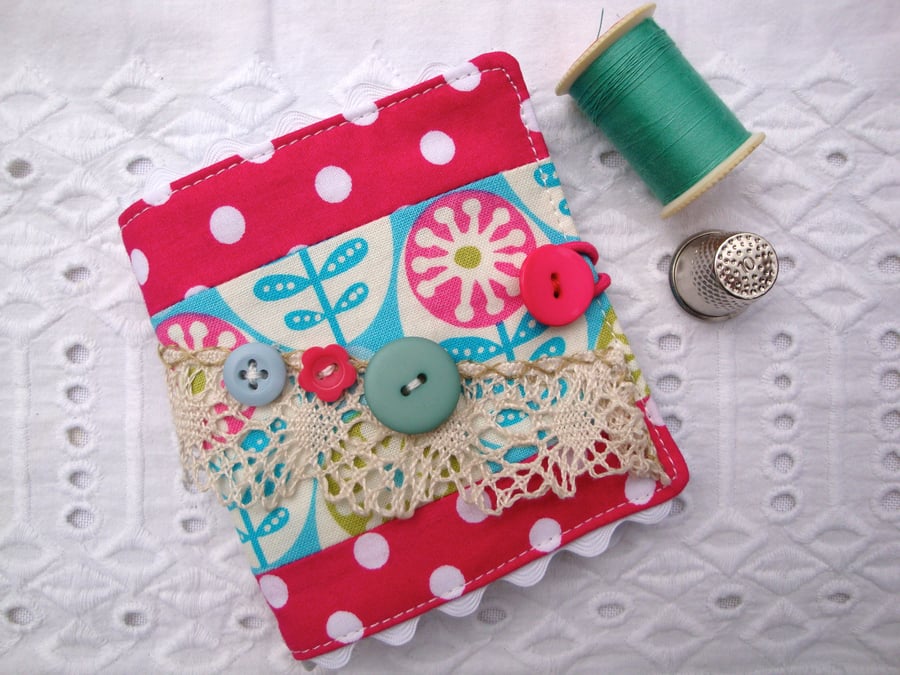 Cotton patchwork Sewing Needle case - buttons - lace  .