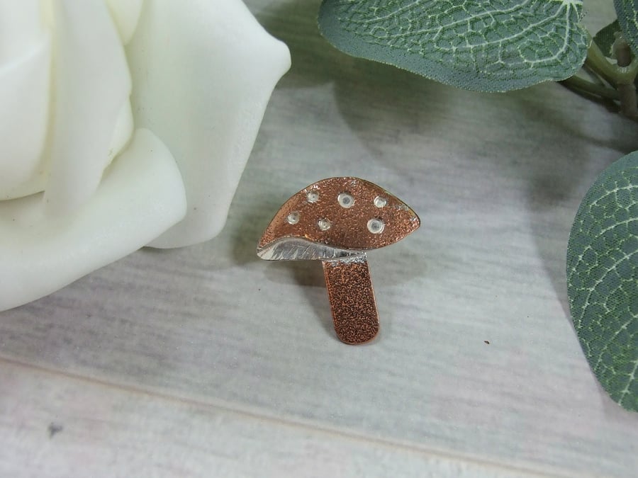 Toadstool Brooch. Copper and Sterling Silver Shroom Lapel Pin 