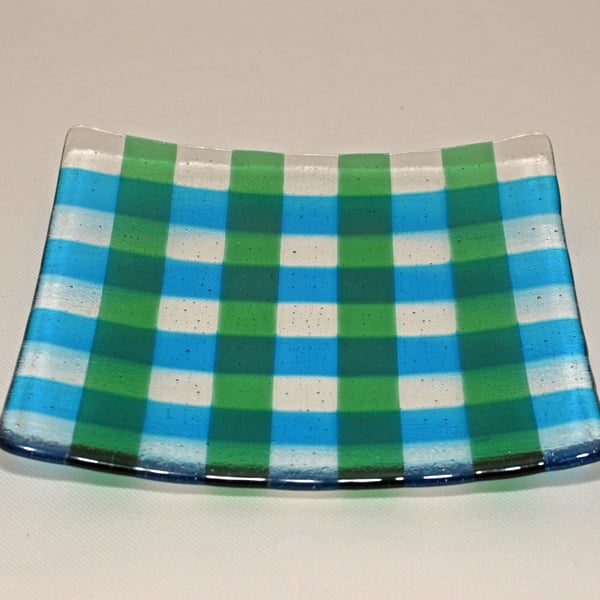 Fused glass shallow 18cm square dish - blue & green check
