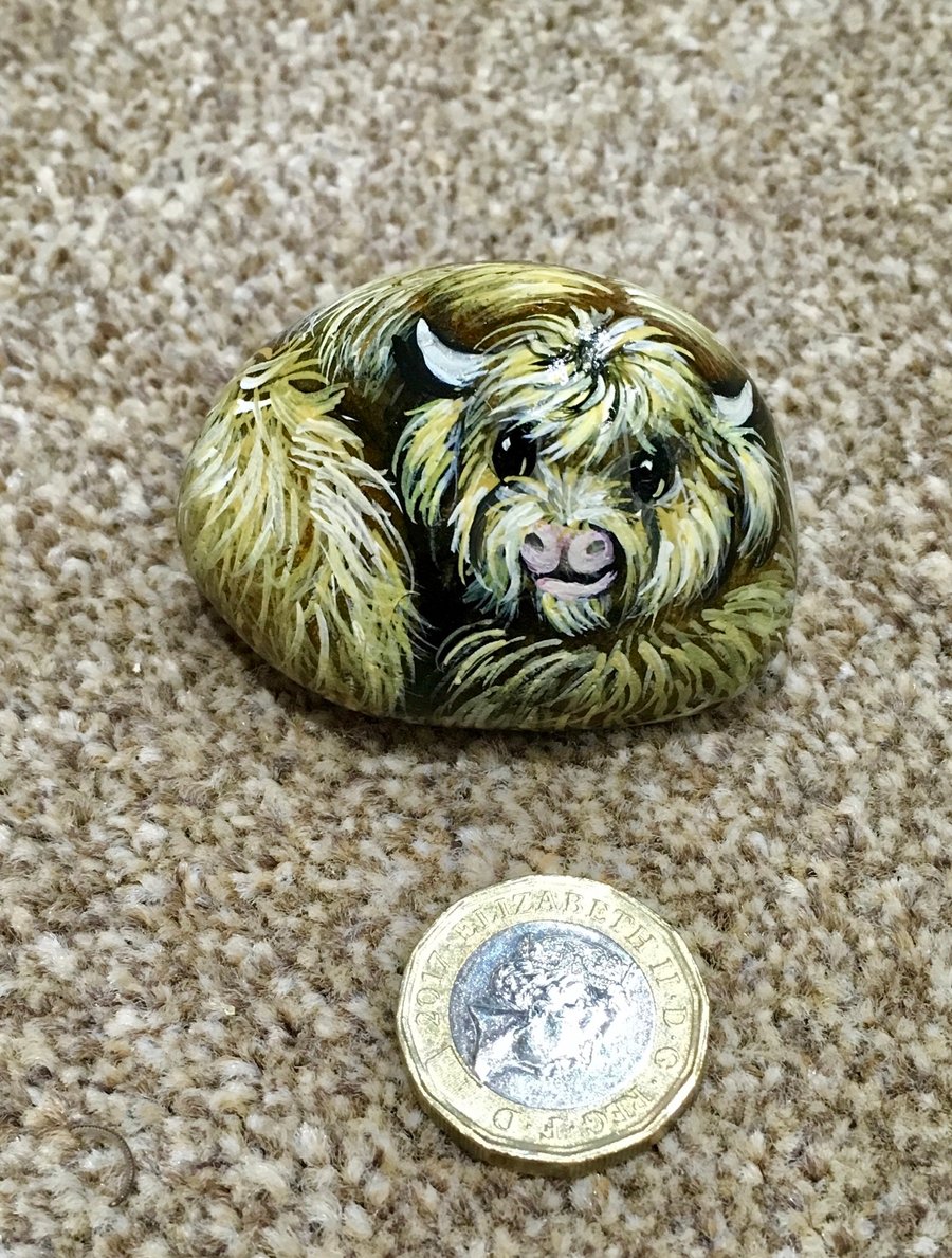 Highland cow painted pebble garden rock art pet stone 