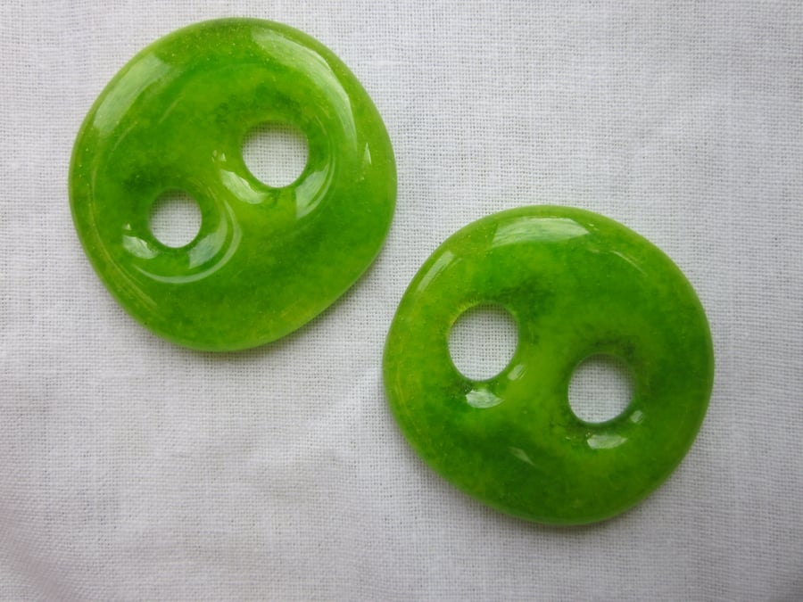 Handmade pair of cast glass buttons - Lime