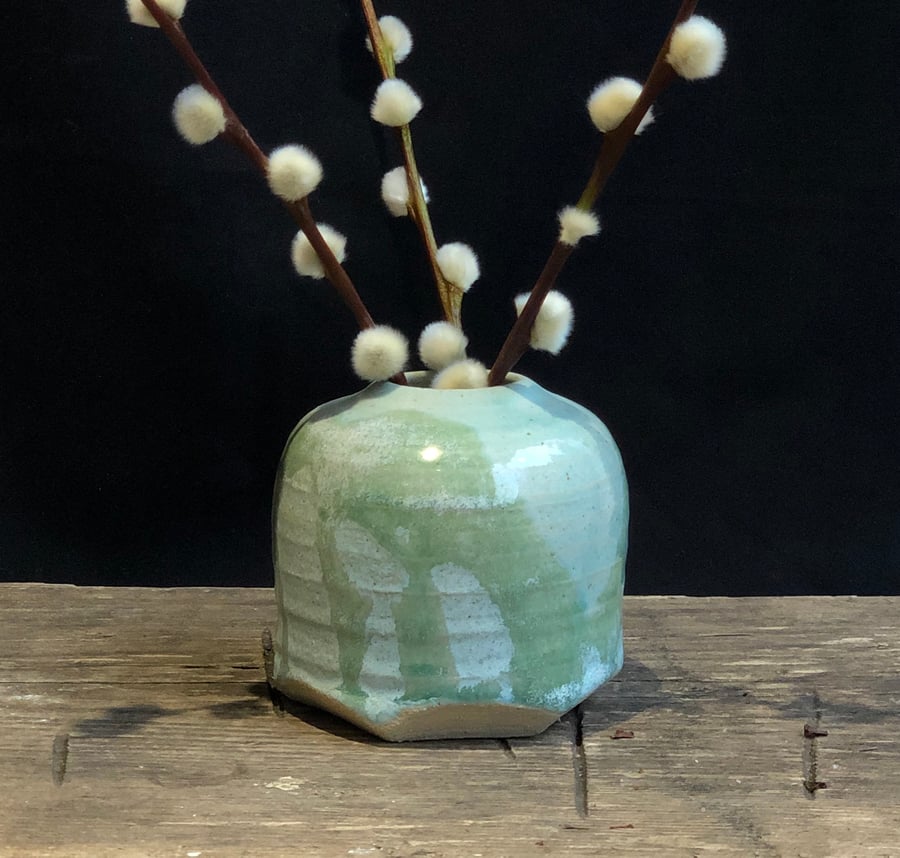 Drippy glazed short stoneware bud vase
