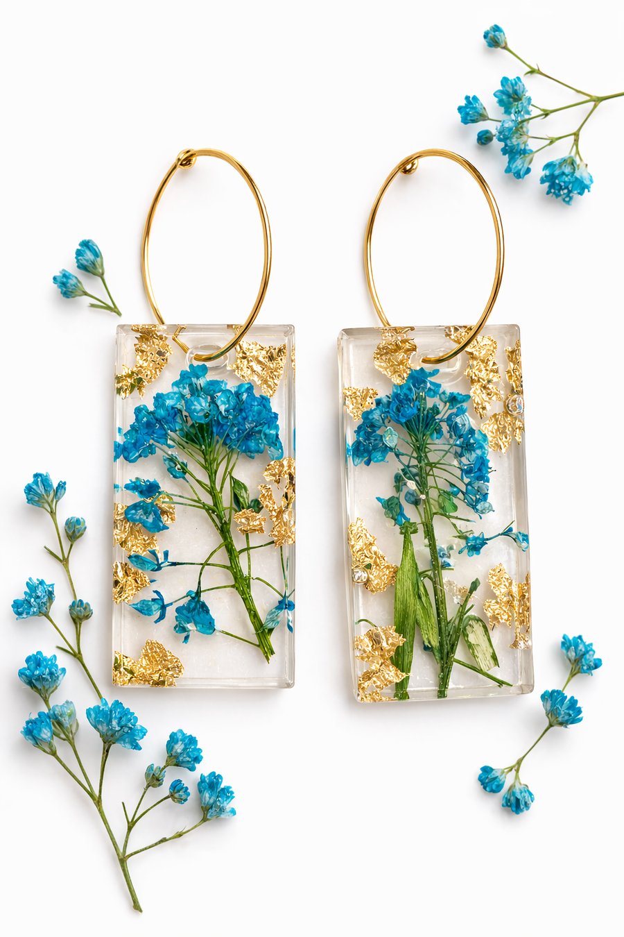 Blue Wildflower Resin Earrings with Gold Leaf –Small rectangle Botanical Dangles