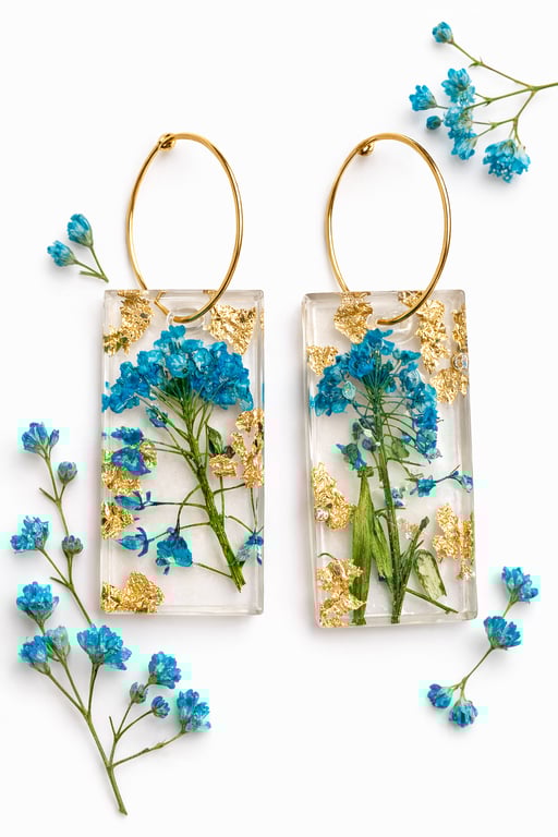 Blue Wildflower Resin Earrings with Gold Leaf –Small rectangle Botanical Dangles