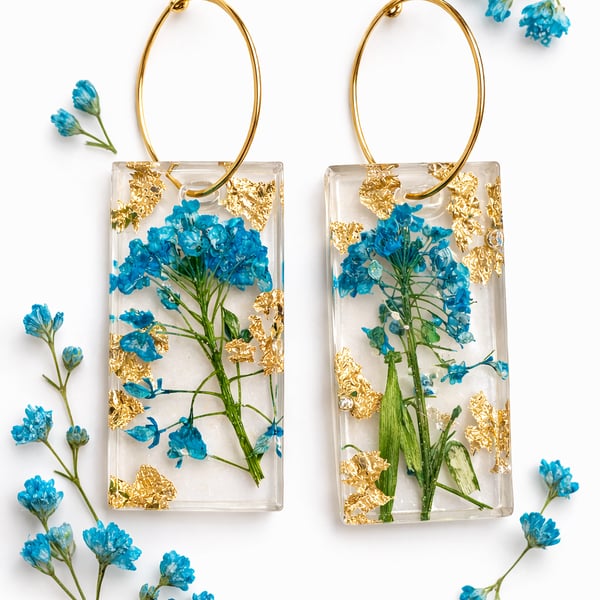 Blue Wildflower Resin Earrings with Gold Leaf –Small rectangle Botanical Dangles