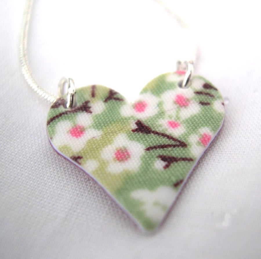 Apple Green Ditsy Floral Hardened Fabric Heart Necklace 