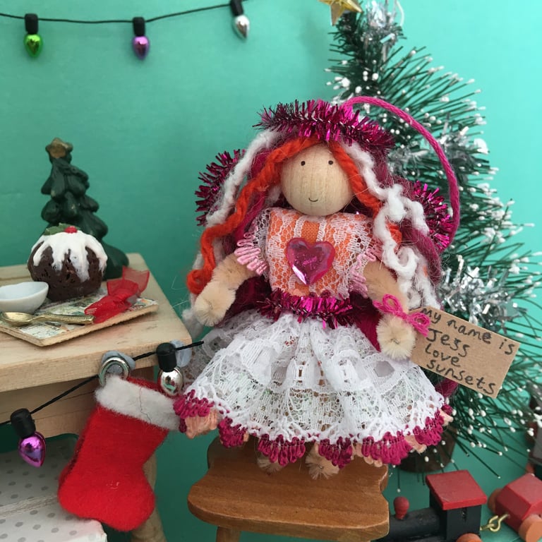 Tiny Orange, Pink And White Fairy Doll Decoration, Christmas Tree Fairy