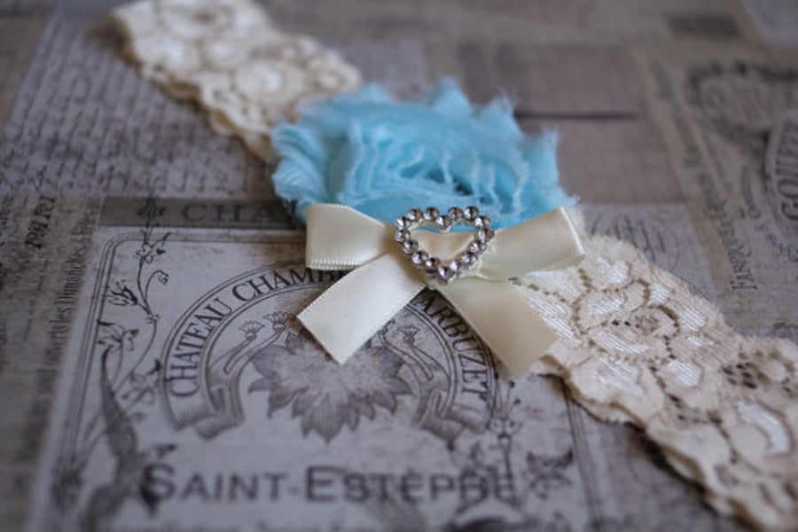 CHLOE: Sky Blue Wedding Garter. Ivory Lace. Shabby Chic Flower. Diamante Heart  
