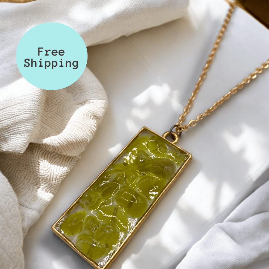 Yellow Jade Rose Gold plated Rectangle Worry Stone Necklace - Free Postage