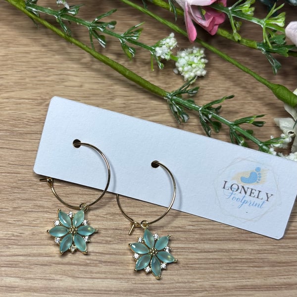Green Crystal Flower Hoop Earrings, Charm Earrings, Handmade Jewellery 