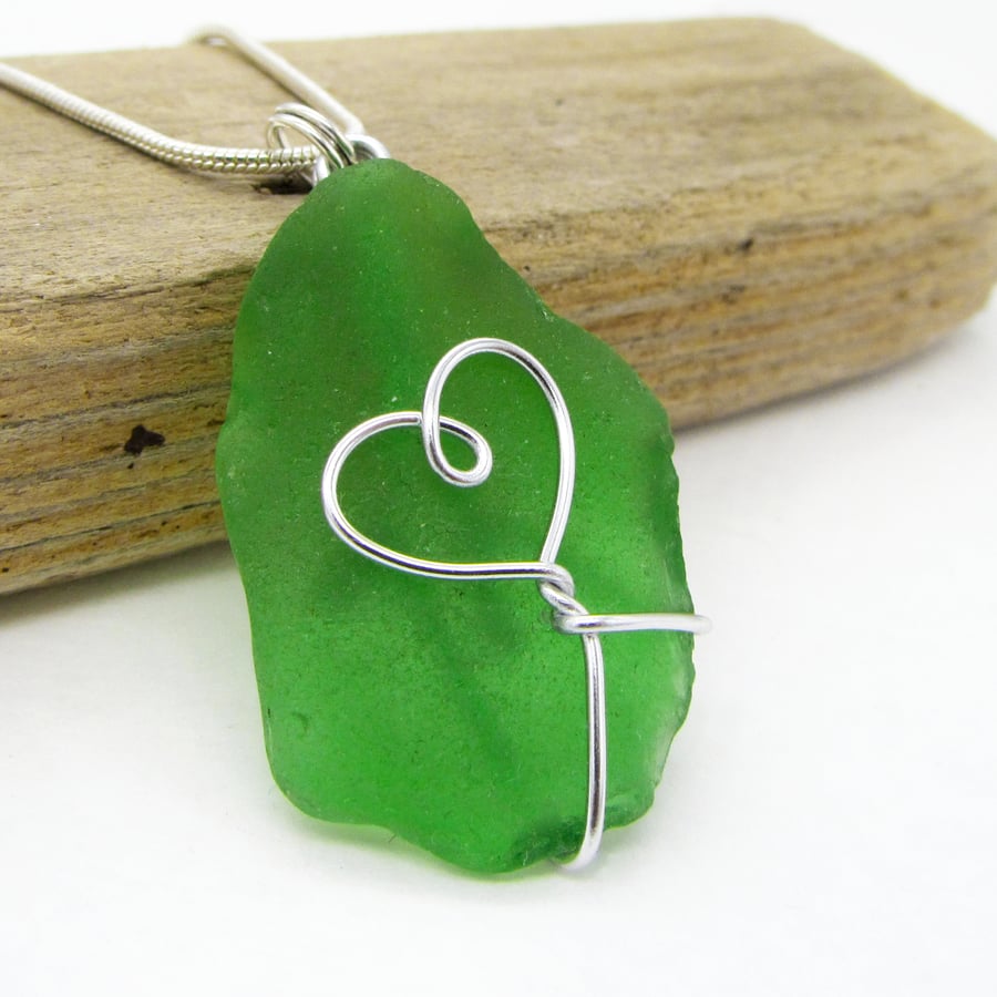 Sea Glass Pendant - Green Silver Wire Wrapped Heart Necklace Scottish Jewellery