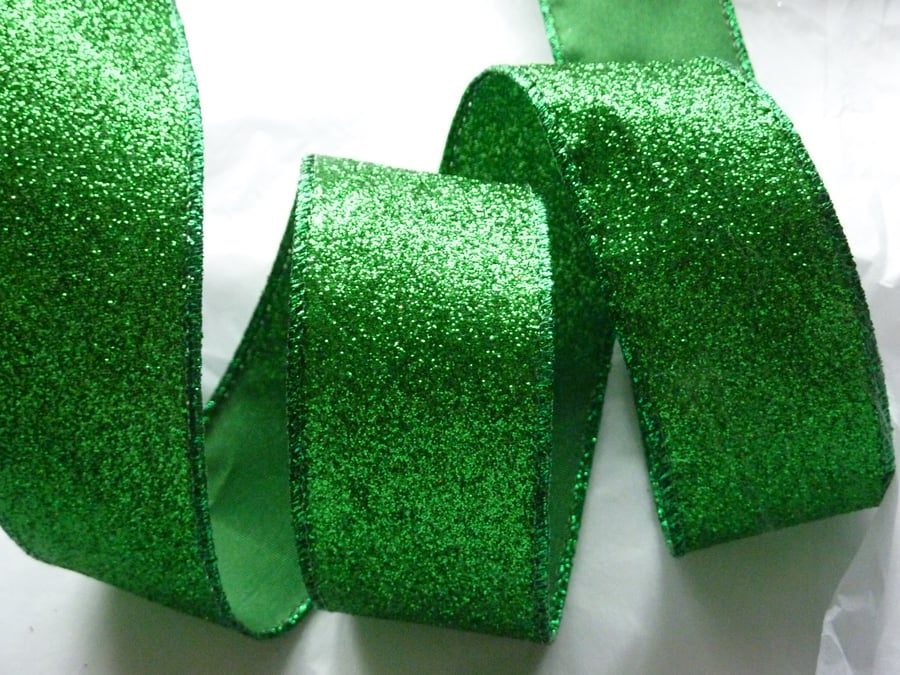 1 Metre Wire Edged Ribbon 38mm Bright Green Glitter