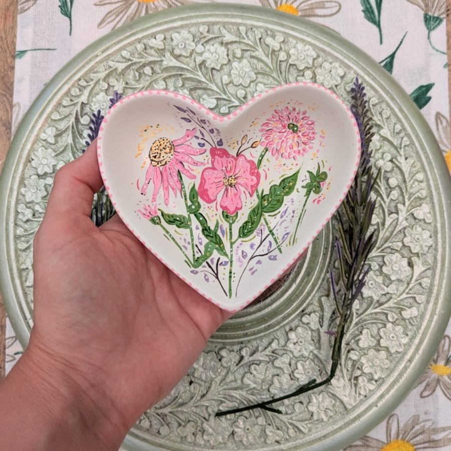 Pink Floral heart shaped ceramic ring dish 
