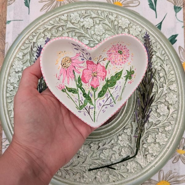 Pink Floral heart shaped ceramic ring dish 