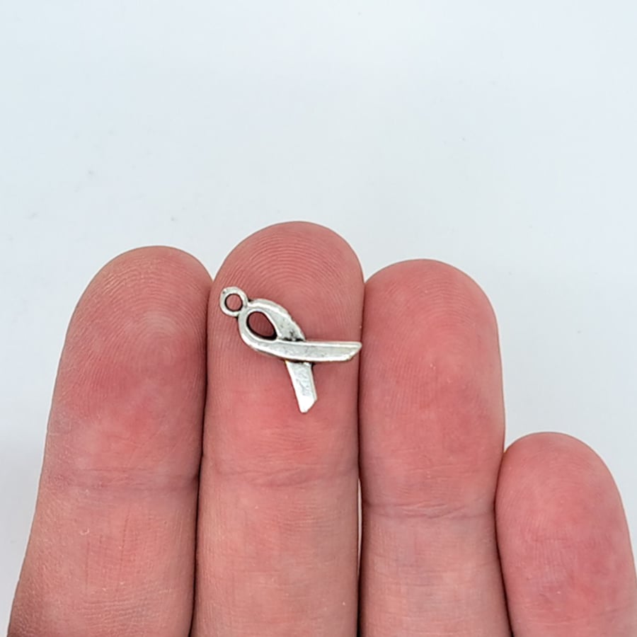 10 Awareness ribbon charms, antique silver tone, awareness charm, C092