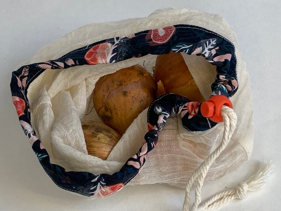 Fruit and veg supermarket bags. Set of three with fruit and leaves design.