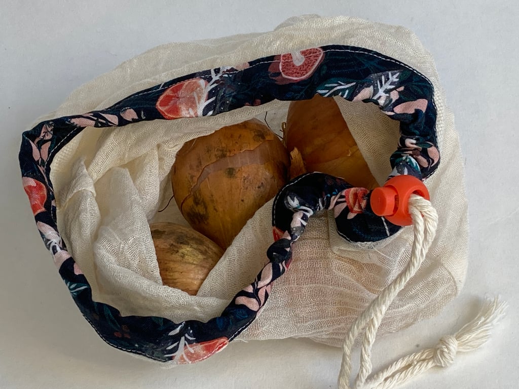 Fruit and veg supermarket bags. Set of three with fruit and leaves design.