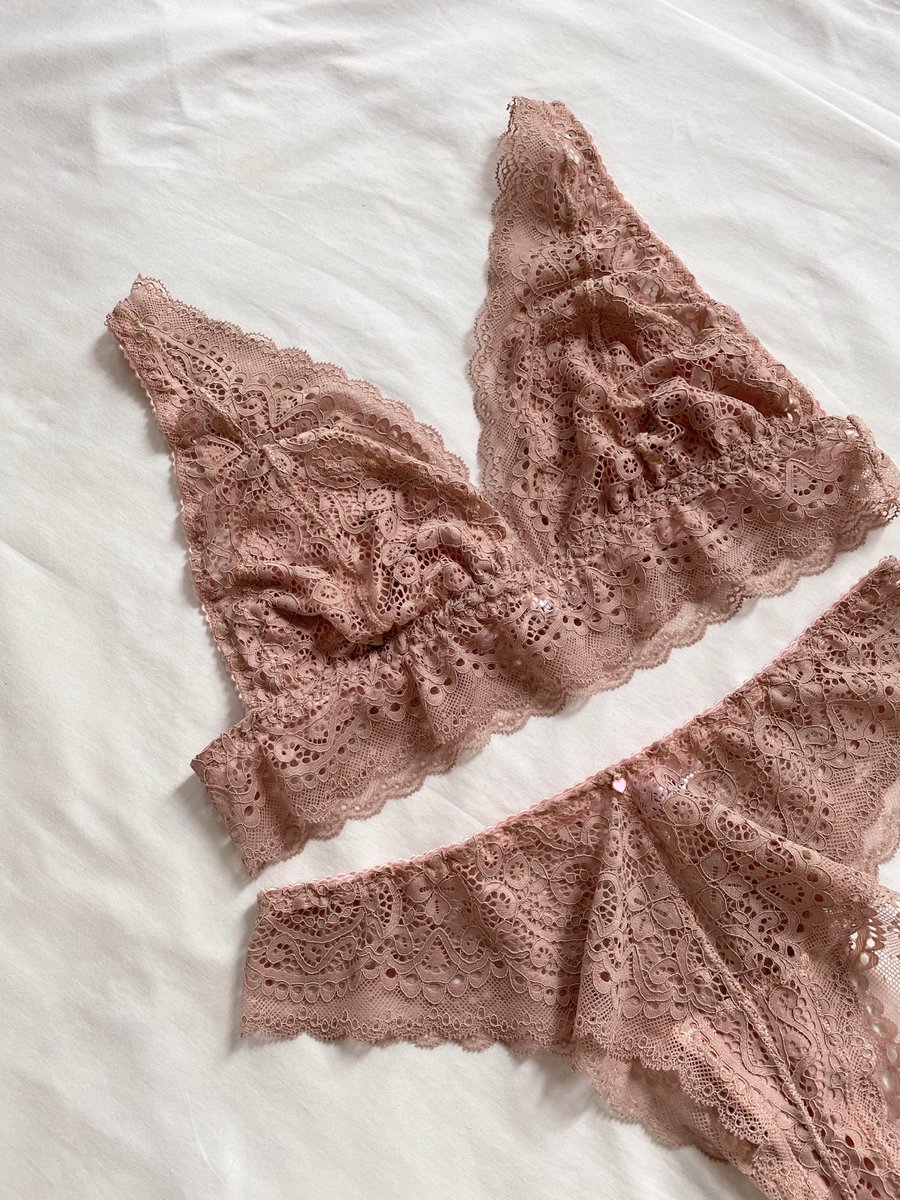 Handmade blush pink lace crop top bralette and brazilian knicker set