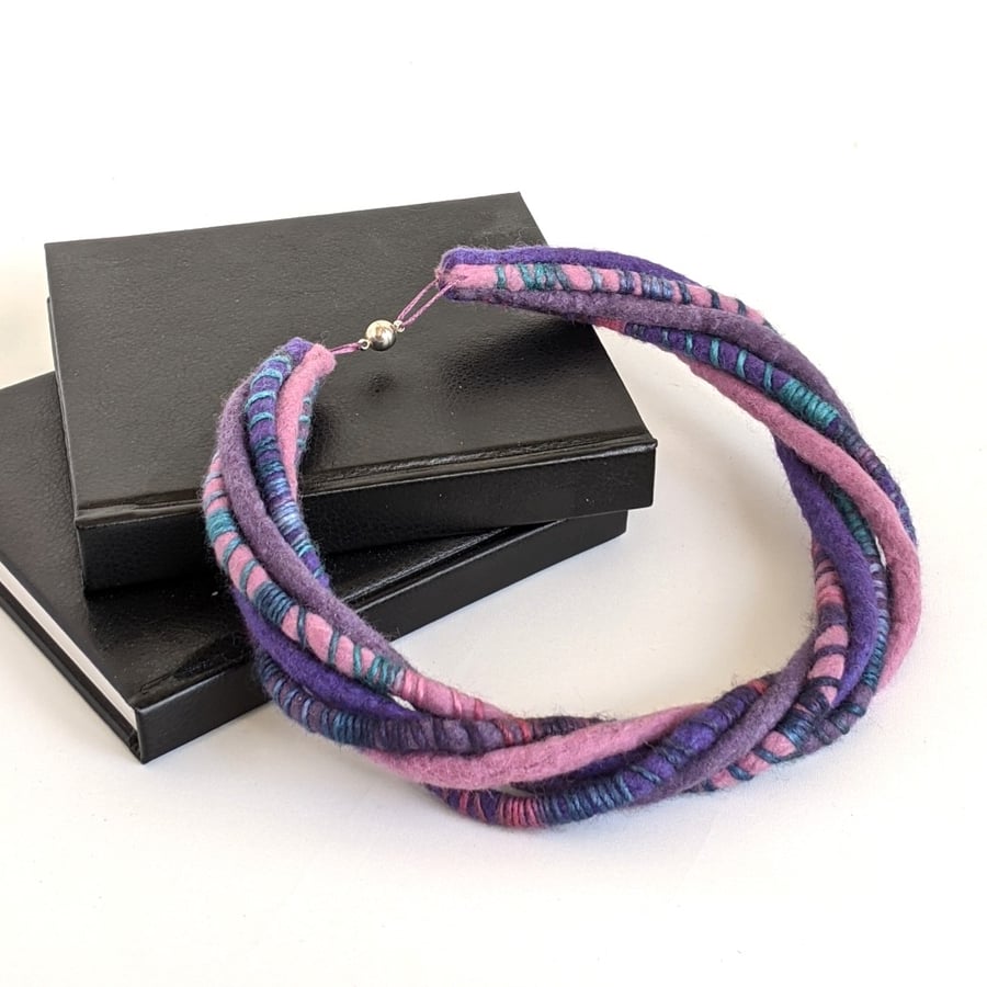The Wrapped Twist: felted cord necklace in pinks and purples