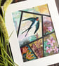 Original mixed media artwork of swallow and flowers, gift for bird lover - Image 2