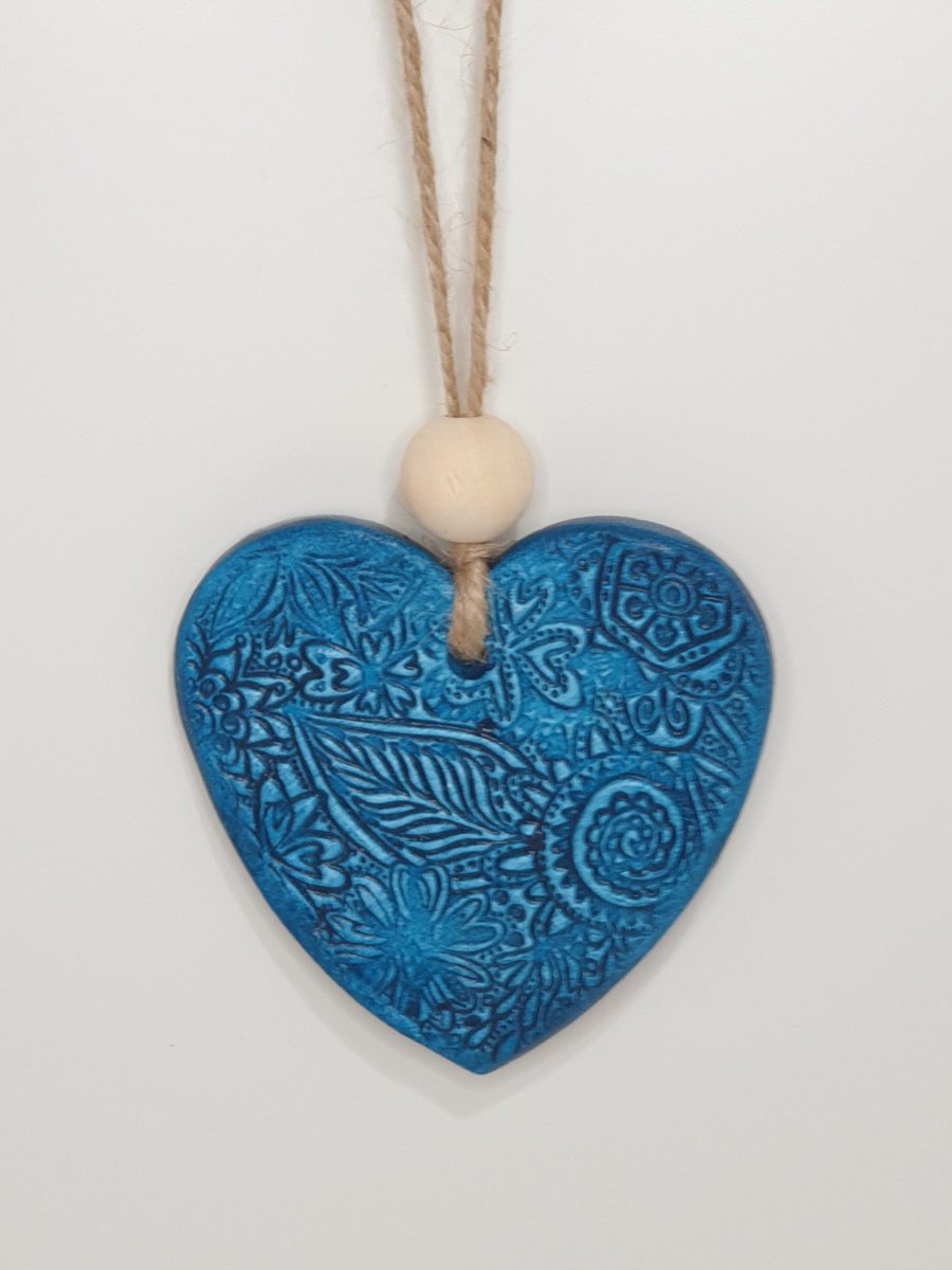 Clay blue heart hanging decoration, anniversary, gift for her 
