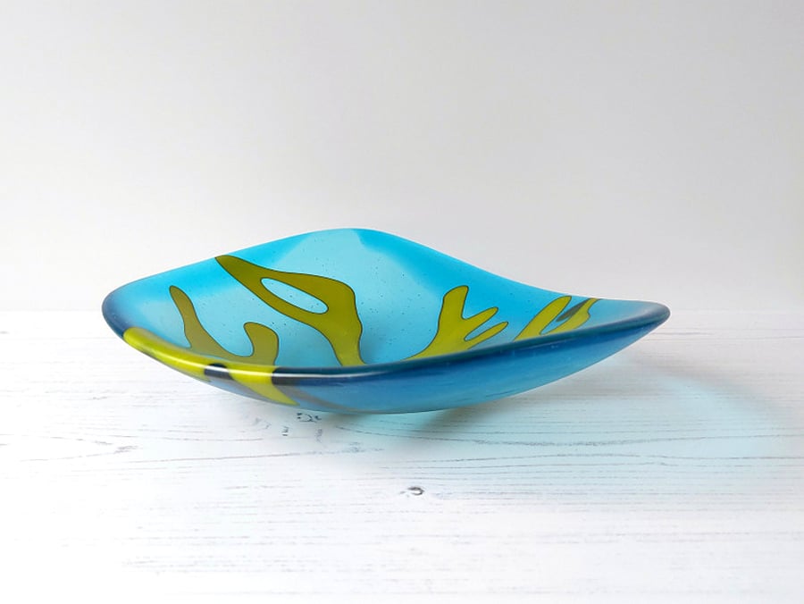 SOLD Turquoise decorative fused glass dish