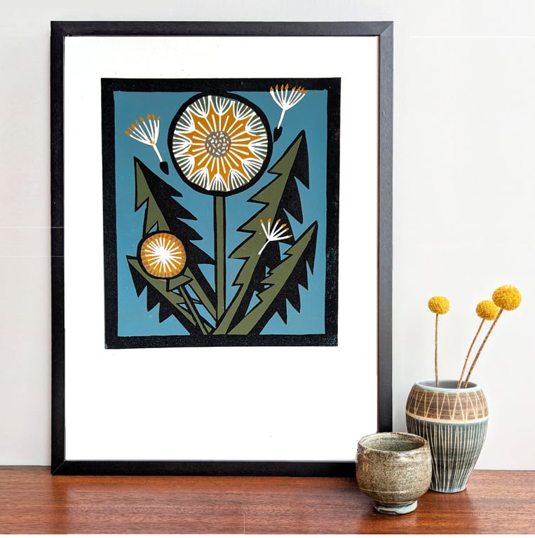 Modern Dandelion Botanical Lino Print – Bold Nature-Inspired Wall Art