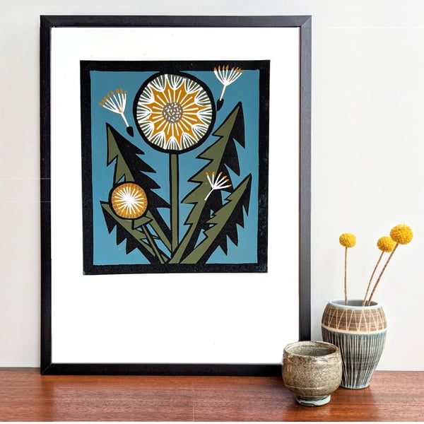 Modern Dandelion Botanical Lino Print – Bold Nature-Inspired Wall Art