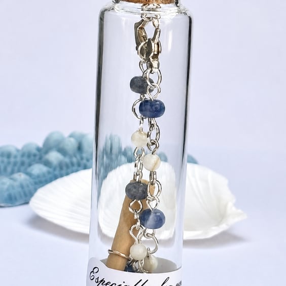 Dainty Blue Jade and Mother of Pearl link Bracelet in a Message Bottle