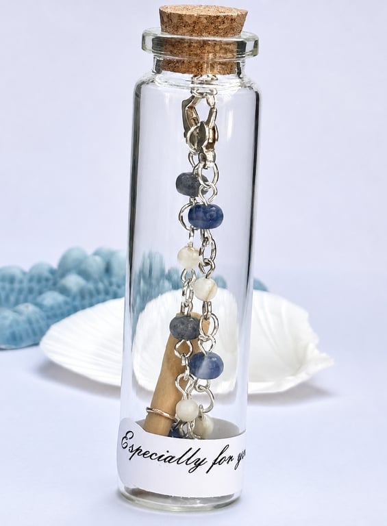 Dainty Blue Jade and Mother of Pearl link Bracelet in a Message Bottle