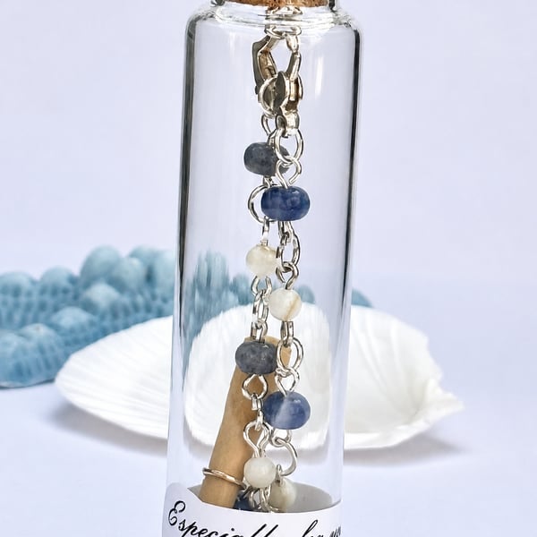Dainty Blue Jade and Mother of Pearl link Bracelet in a Message Bottle