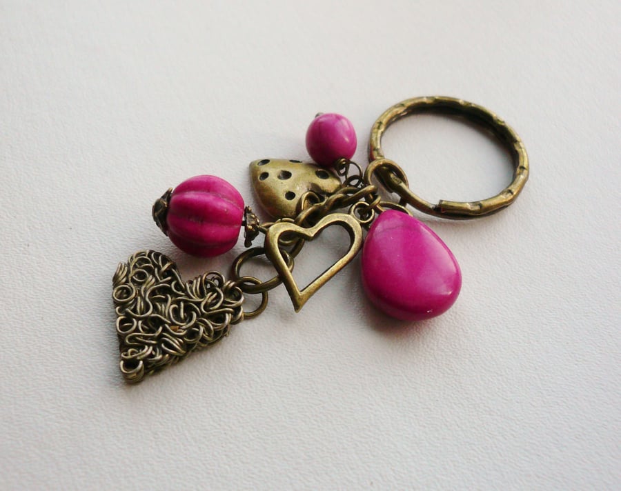 Antique Bronze Heart and Pink Howlite Keyring  KCJ883