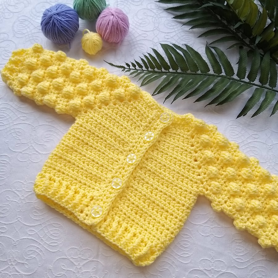 Crochet Bobble Cardigan Size 0-3 months Primrose Yellow Sale 