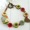 Flower Bracelet, Czech Glass Bracelet, CeramicBracelet, Leaf Bracelet, 