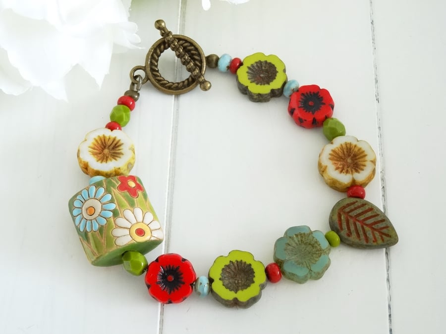 Flower Bracelet, Czech Glass Bracelet, CeramicBracelet, Leaf Bracelet, 