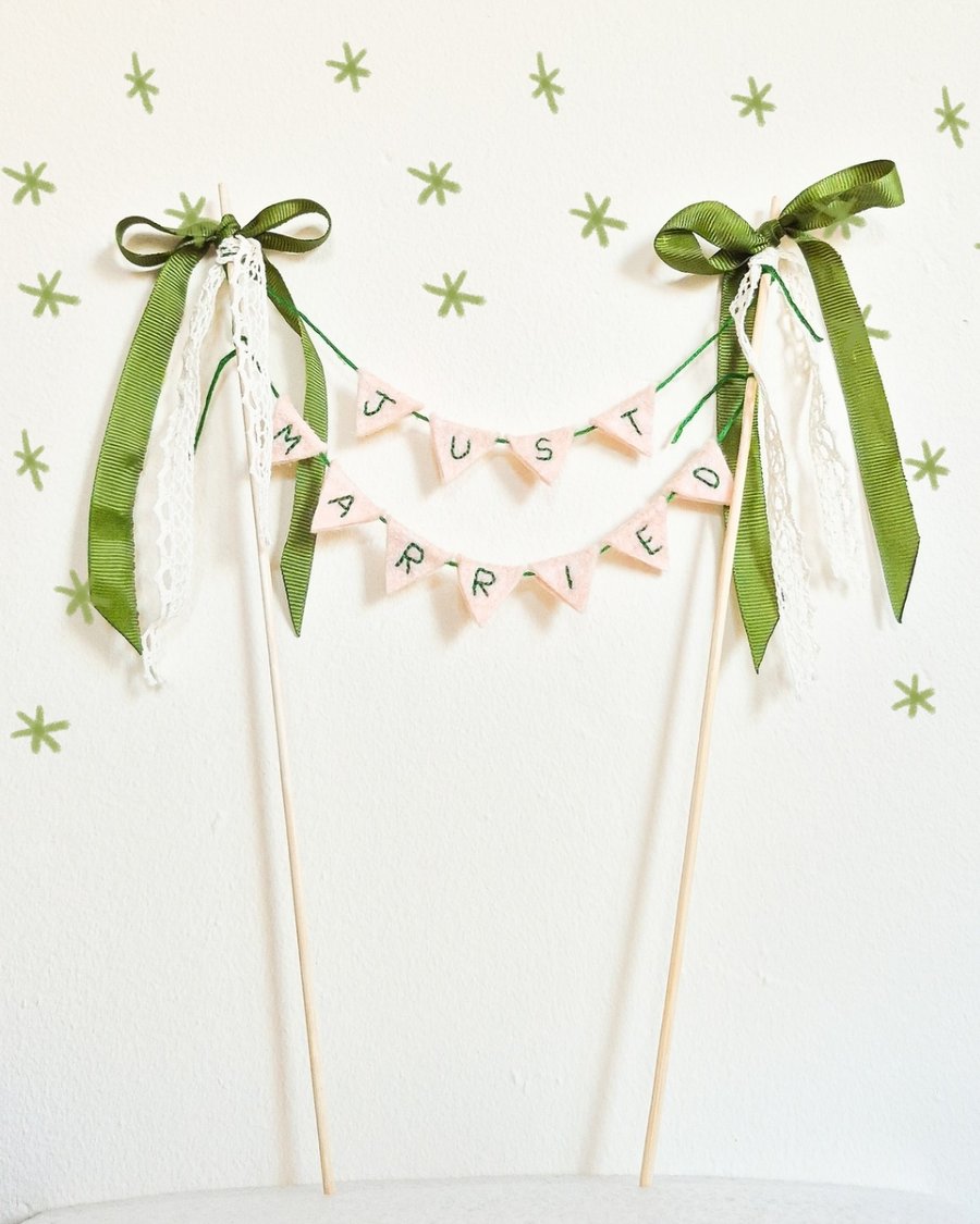 Custom Just Married Wedding Cake Toppers - Handmade Embroidered Bunting Pennant 