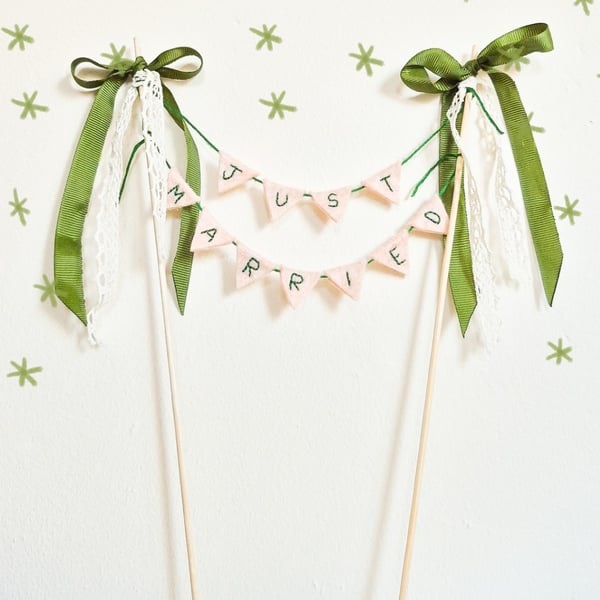Custom Just Married Wedding Cake Toppers - Handmade Embroidered Bunting Pennant 
