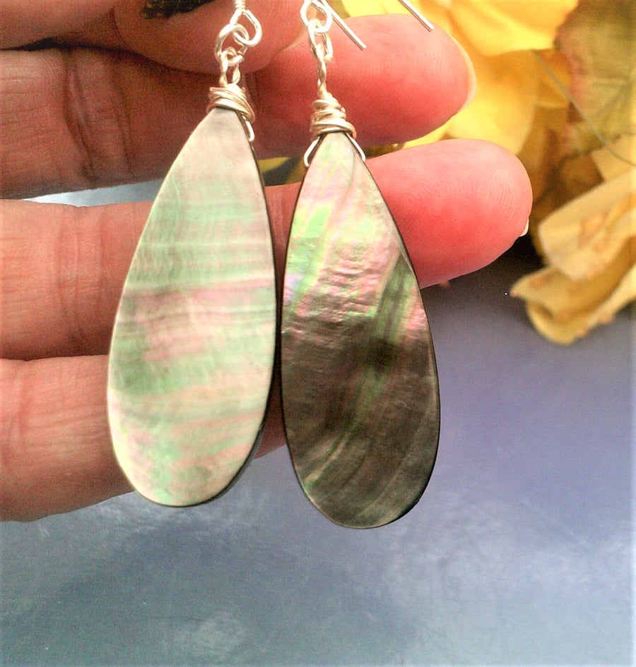 Grey Shell Mother of Pearl Earrings, Sterling Silver Dangle Shell Earrings