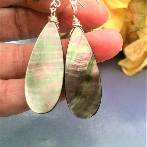 Grey Shell Mother of Pearl Earrings, Sterling Silver Dangle Shell Earrings