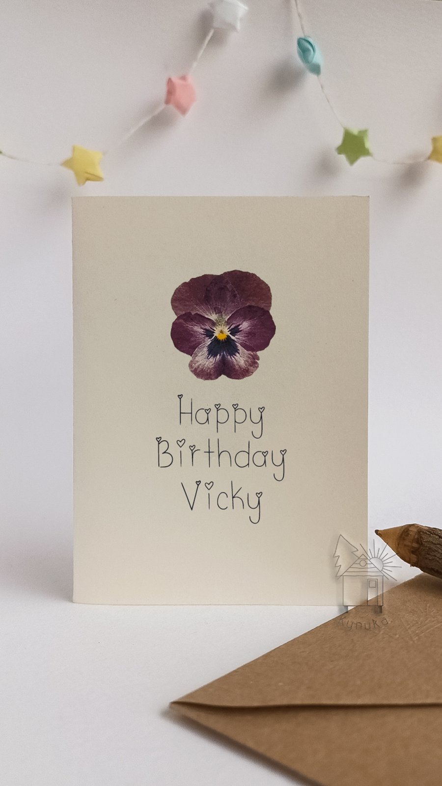 Personalised Birthday Card, Pressed viola flower printed small card