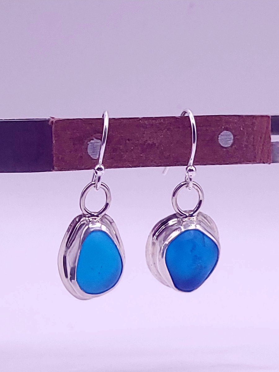 Stunning Cobalt Blue Seaglass & Sterling Silver Drop Earrings 