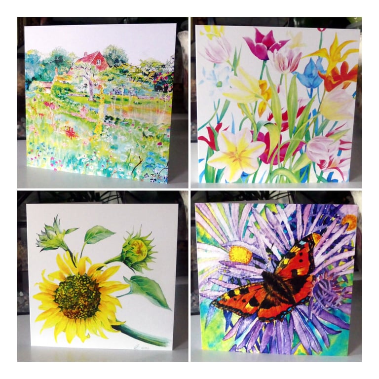 Set of Four Colourful Flower and Garden Blank Greeting Cards