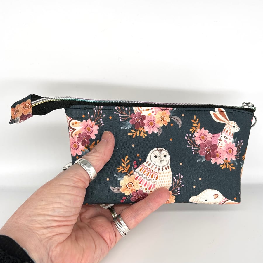 Small make up bag, cosmetic bag with woodland creatures print. Lilac lining.